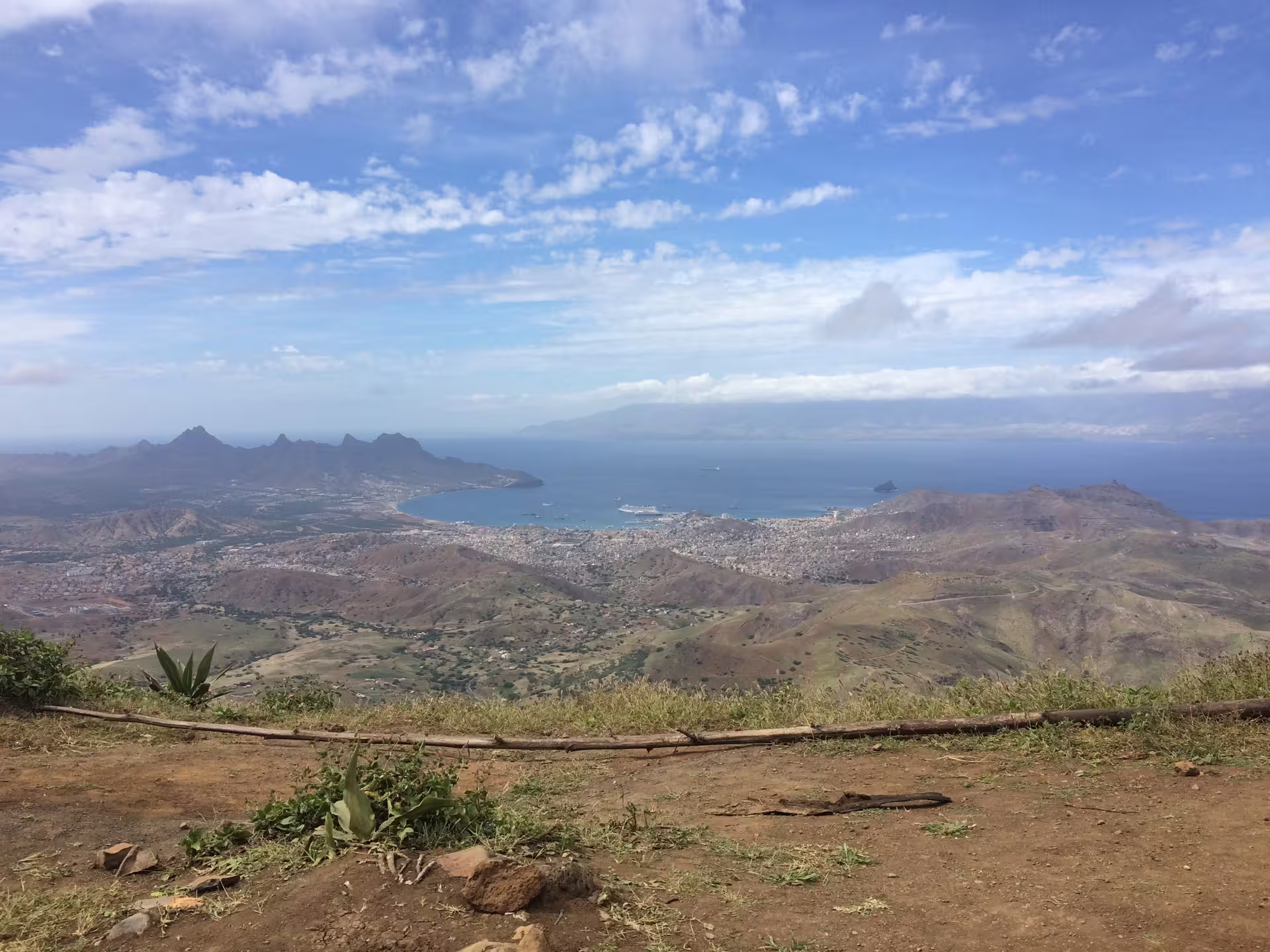 Breathtaking panoramic view of São Vicente island, Cape Verde, showcasing beaches, villages, and Monte Verde under a vibrant sky.