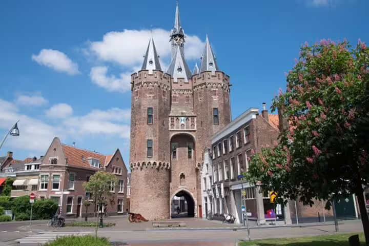 Sassenpoort medieval gate in Zwolle city center on self-guided walking tour with audio and GPS navigation