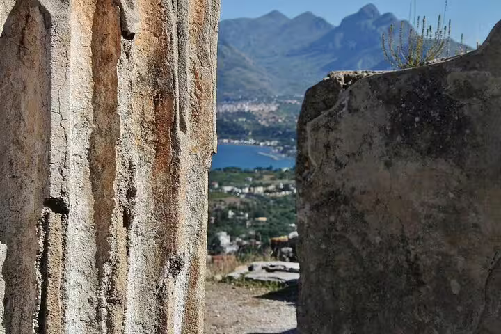 Ancient ruins with panoramic views of the Mediterranean landscape on a private day trip from Palermo to Segesta, Erice, and Salt Pans.