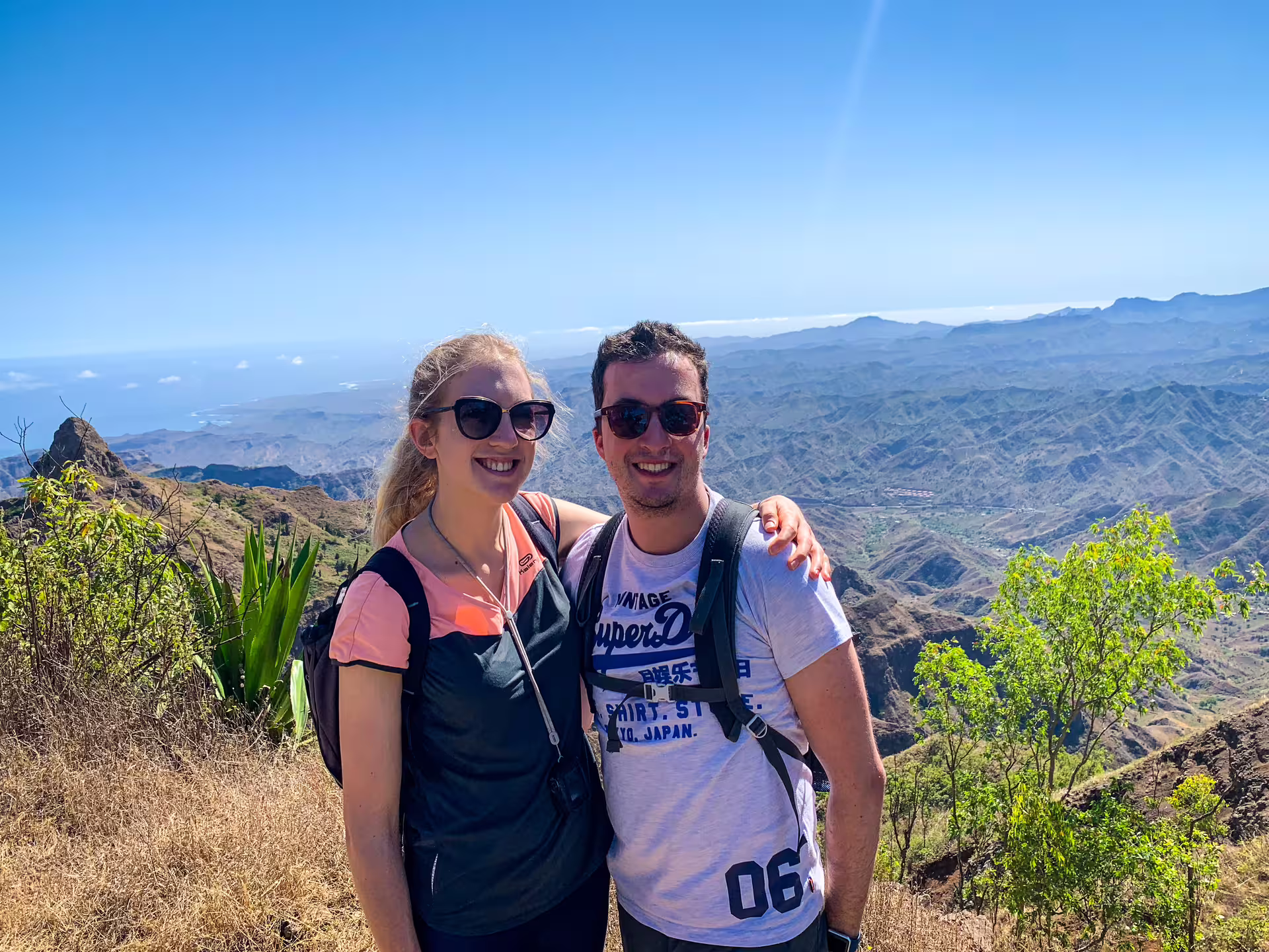Couple enjoying panoramic views during Serra Malagueta hike, showcasing Cape Verde's stunning landscape.