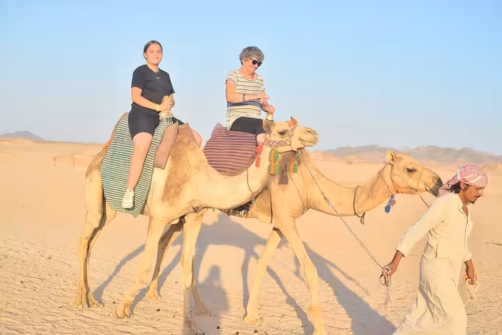 Camel ride in Sinai Desert as part of Sharm El Sheikh ATV quad safari with Bedouin guide before BBQ dinner