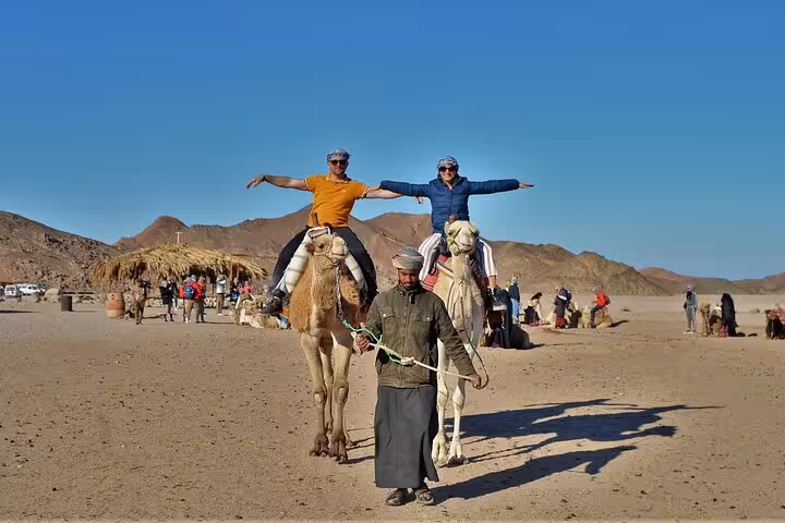 Tourists on camel ride in Sharm El-Sheikh desert camp, part of ATV safari with BBQ dinner and show