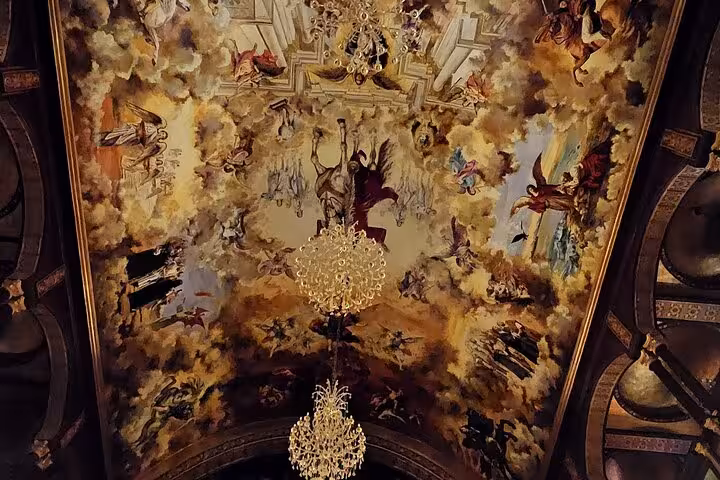 Ceiling fresco and chandeliers inside Heavenly Cathedral, a highlight of Sharm El Sheikh city sightseeing tour