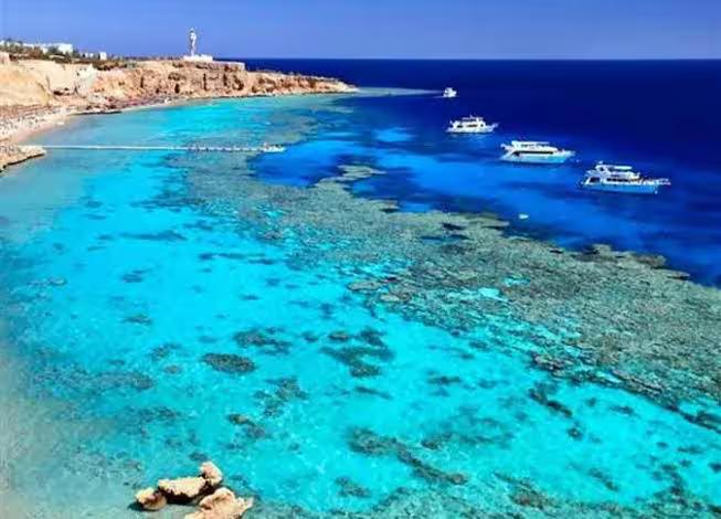 Aerial view of Sharm El Sheikh Red Sea reef and turquoise water, route for semi submarine boat tour