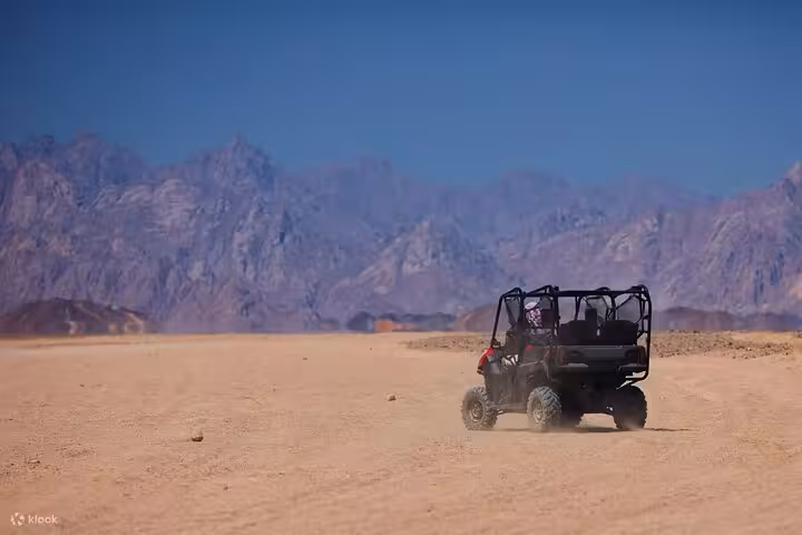 Off-road buggy crossing Sinai Desert near Sharm El Sheikh with mountain backdrop on a private adventure safari