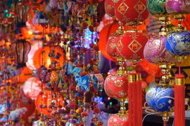 Colorful Chinatown lanterns and souvenirs on a 6-hour private Singapore tour with driver in car or minibus
