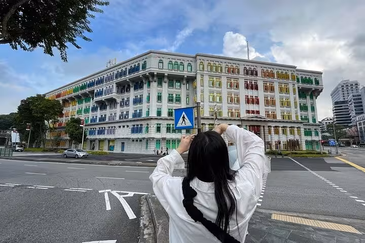Colorful windows of the Old Hill Street Police Station captured by a tourist on the Singapore walking tour.