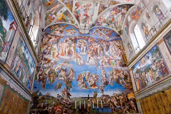 Interior of the Sistine Chapel showcasing Michelangelo’s Last Judgment fresco visited on a Vatican Museums fast track group tour