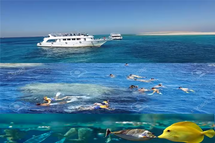 Snorkelers at Hurghada coral reef with boat and tropical fish, Red Sea day trip from Luxor with lunch