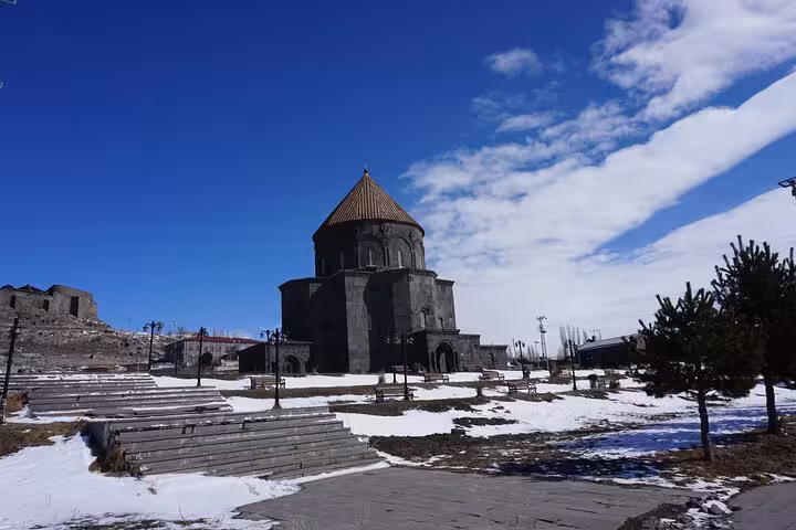 Snowy Kars landmark church near Kars Castle, winter stop on an all-inclusive private 2-day Kars-Ani tour