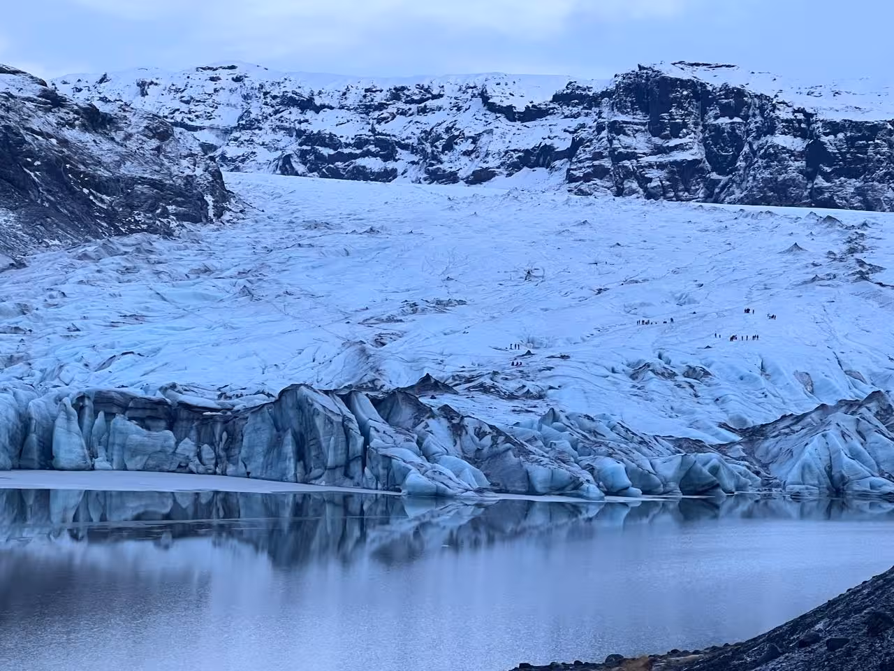 Sólheimajökull glacier tongue and lagoon view on South Coast private tour from Reykjavik, Iceland winter scenery