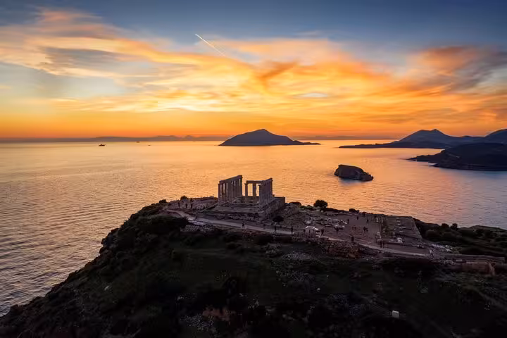 Stunning sunset view over the Temple of Poseidon at Cape Sounion, ideal for a memorable Sounio Half Day Private Tour.
