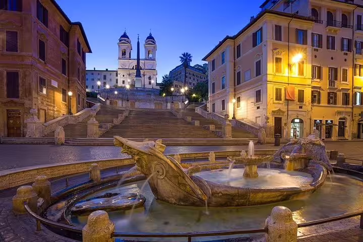 Empty Spanish Steps and Barcaccia Fountain at dawn in Rome, captured on an early morning guided city sights tour