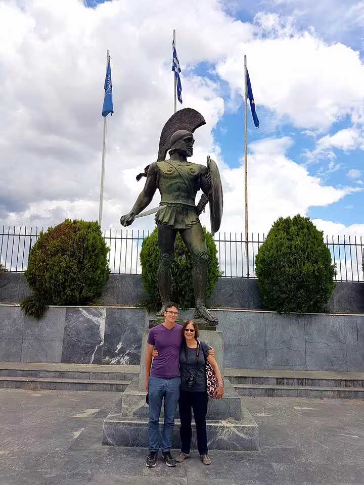 Travelers at King Leonidas statue in Sparta, key stop on 2-day private tour to Mystras and Monemvasia overnight