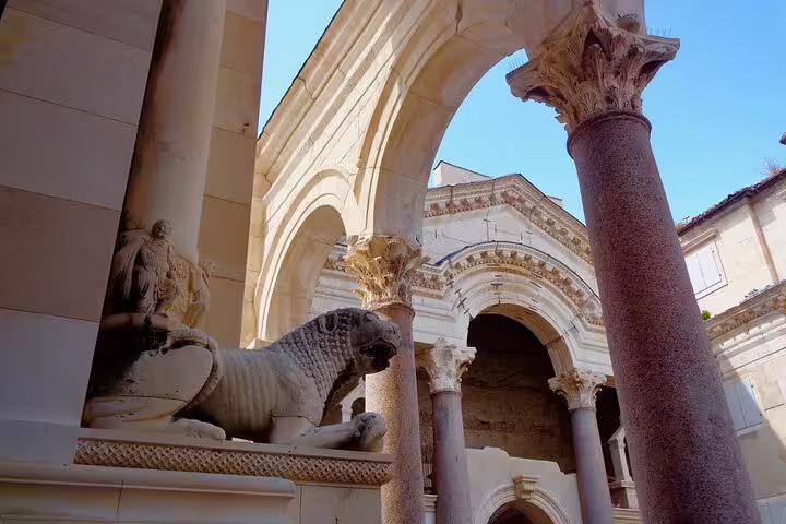 Sphinx statue under arches in Diocletian’s Palace, Split, key stop on a self-guided scavenger hunt highlights tour