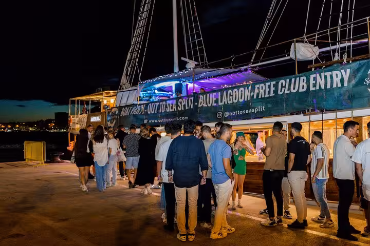 Guests lining up to board the Split After Dark boat for a night of fun, music, and VIP club access in Croatia.