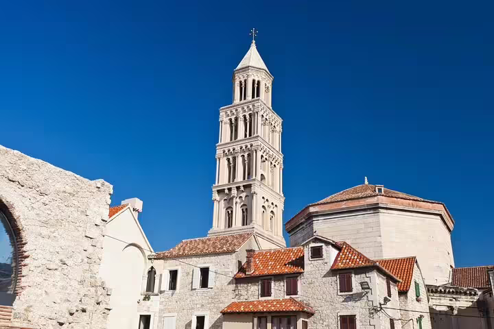 St Domnius Cathedral bell tower rising over Split Old Town rooftops, must-see on a Split self-guided scavenger hunt tour