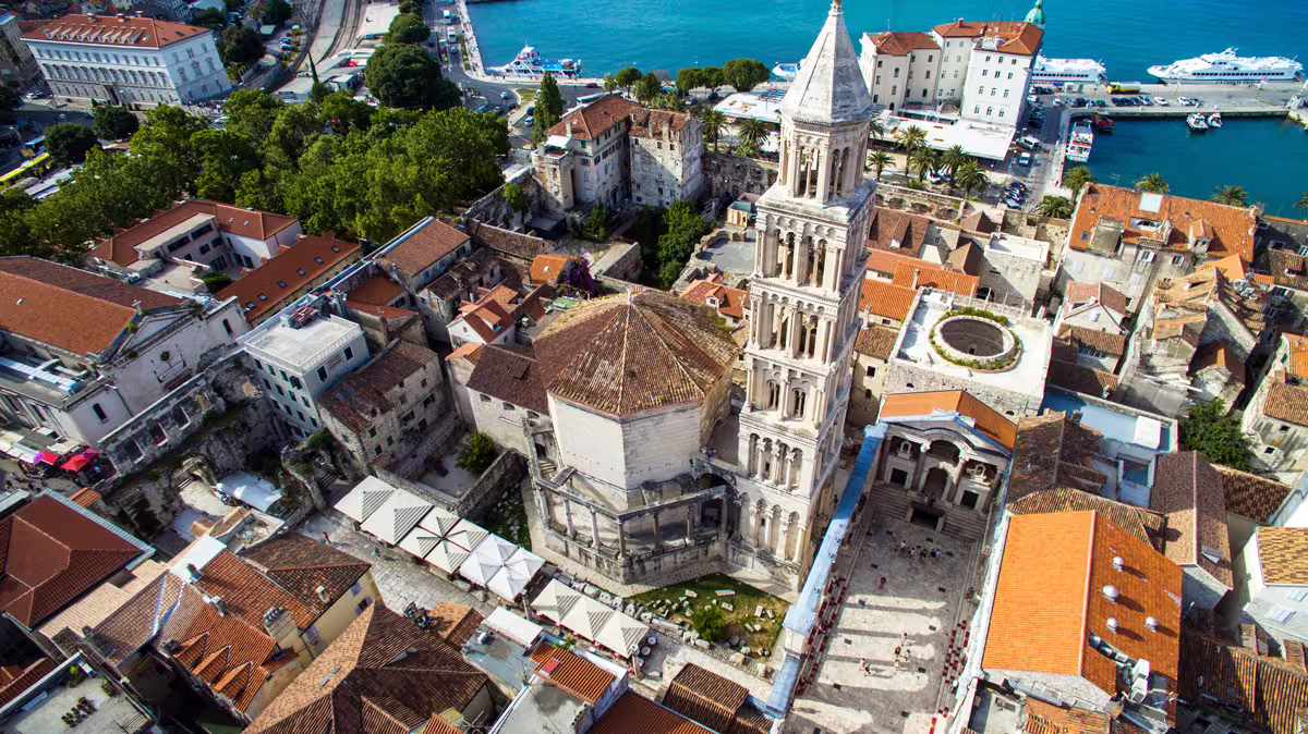 Aerial view of Split Old Town and Saint Domnius bell tower, ideal for a private walking tour with local guide