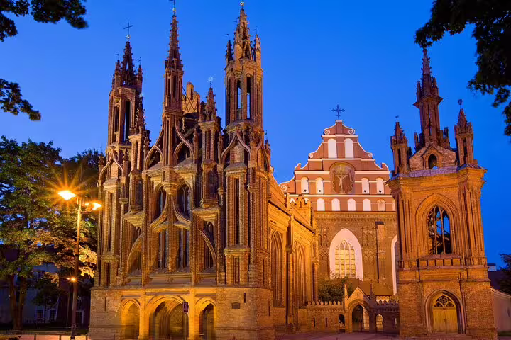 St Anne’s Church and Bernardine complex at dusk, Vilnius Old Town highlight on a self-guided scavenger hunt