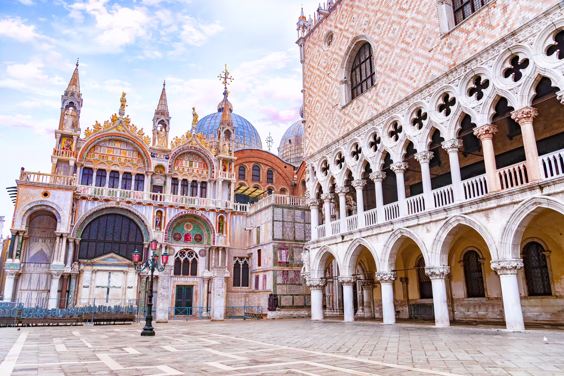 Close-up of St. Mark’s Basilica and Doge’s Palace facades visited on a private Venice highlights tour with bell tower tickets