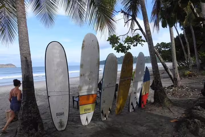 Surfboards lined up on a tropical beach in Manuel Antonio, perfect for beginners' surf lessons in Costa Rica.