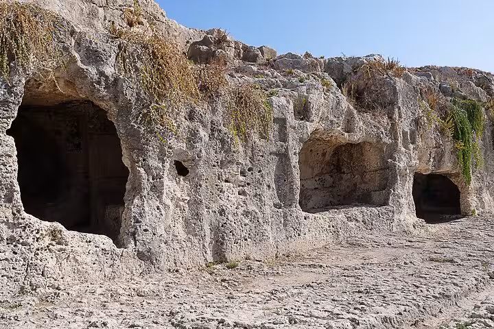 Rock-cut caves in Syracuse with natural erosion and vegetation, offering a glimpse into ancient history.