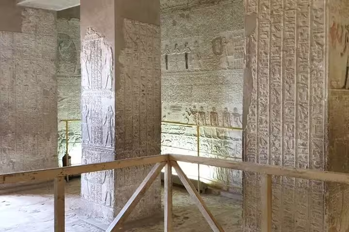 Hieroglyph-covered temple hall at Tell el-Amarna, private El Minya day tour from Cairo by car