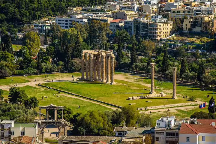 Temple of Olympian Zeus ruins in Athens seen from above, featured on a private half-day city tour with Acropolis