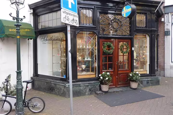 Historic shopfront in The Hague old town on the e-scavenger hunt, discovering hidden gems and local streets