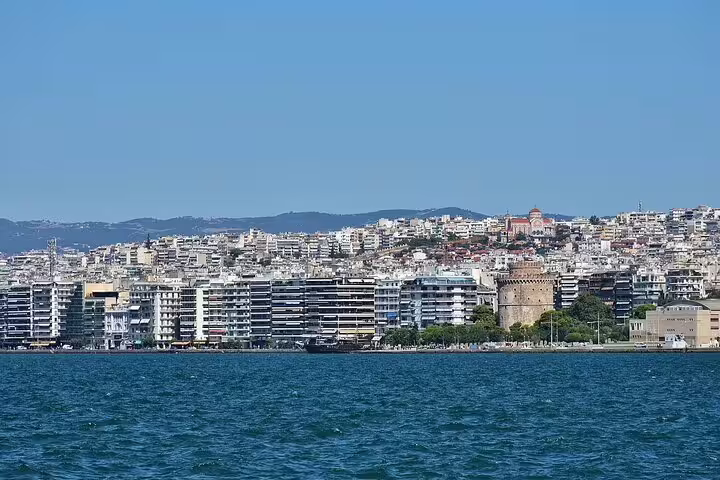 Thessaloniki waterfront skyline with White Tower, start of private sightseeing ride to Pozar Hot Baths