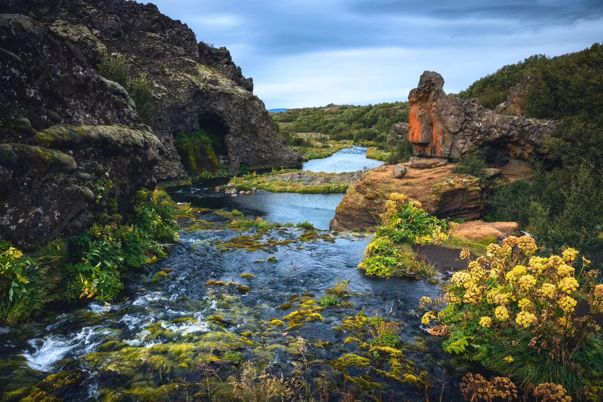 Lush river canyon and lava cliffs on a Private Þjórsárdalur Valley Tour, scenic Iceland nature stop
