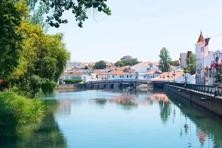 Scenic view of Tomar's historic architecture and tranquil river, a highlight on the private full-day tour from Lisbon to Tomar and Coimbra.