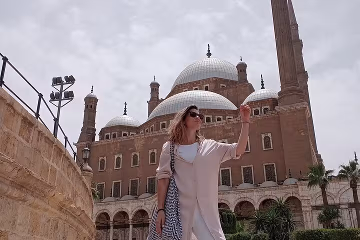 Tourist in courtyard of Mosque of Muhammad Ali at Cairo Citadel on private Grand Museum and Khan El Khalili tour