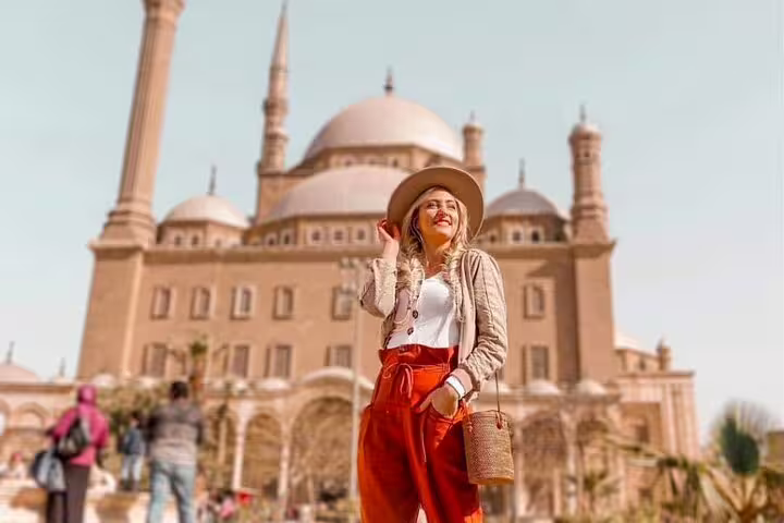 Traveler posing by Cairo Citadel mosque on From National Museum to Citadel & Bazaars guided tour