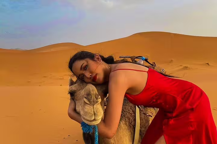 Traveler hugging a camel in Merzouga Sahara dunes, Morocco desert experience on 9-day tour from Casablanca