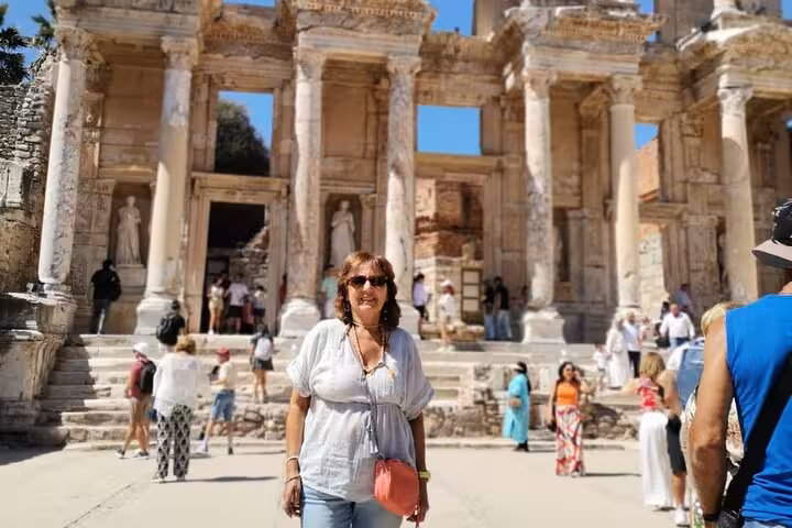 Traveler at the Library of Celsus entrance on a private Ephesus tour for cruisers with skip-the-line access