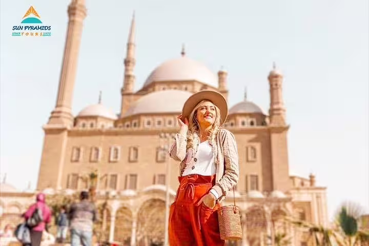Traveler at Mohamed Ali Mosque in Cairo Citadel, highlight of Islamic and Christian Cairo day tour Egypt
