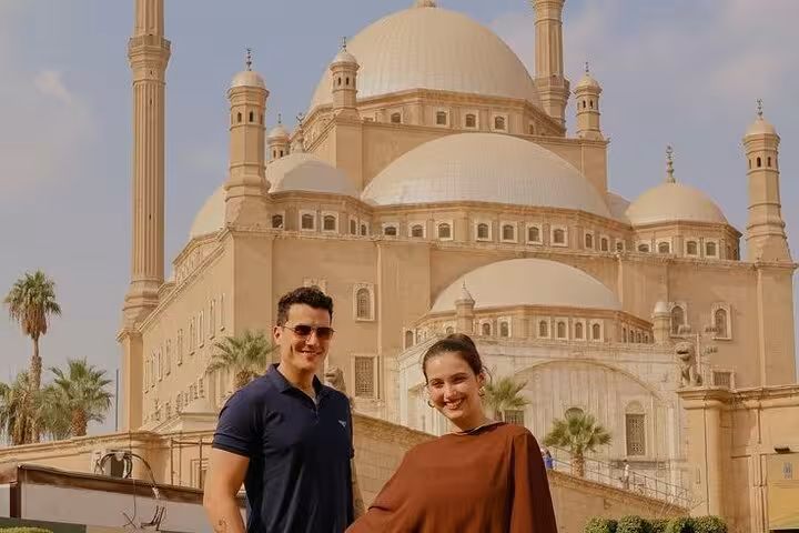Travelers posing at Mosque of Muhammad Ali inside Cairo Citadel, part of Museum Citadel and Khan El Khalili tour