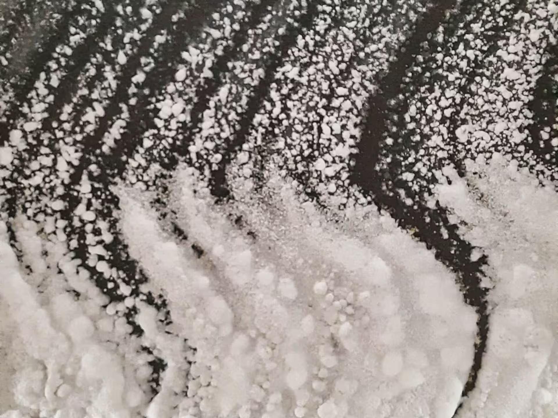 Close-up of raw white salt crystals on dark rock surface inside historic Turda Salt Mine Romania
