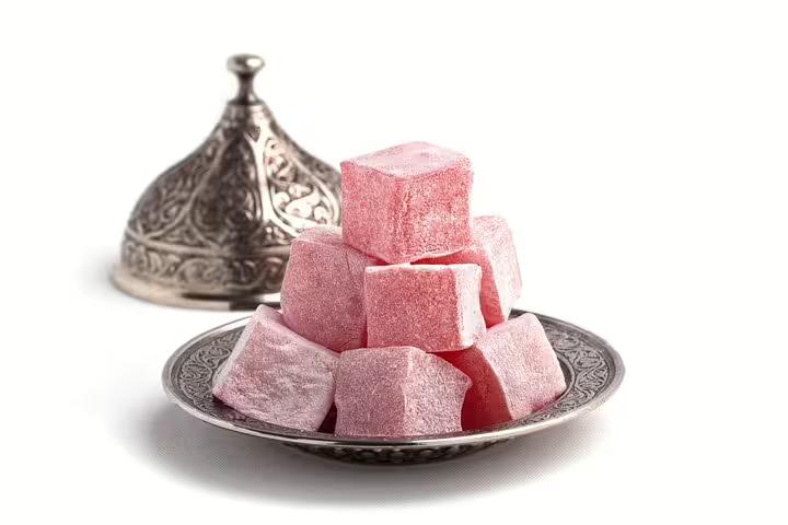 Turkish delight lokum on ornate plate, a sweet treat to sample on a 10-day private guided Turkey tour