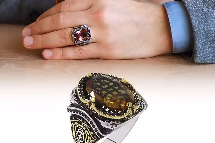 Close-up of ornate Turkish silver rings with gemstones, a featured find on the Best of Cappadocia shopping tour