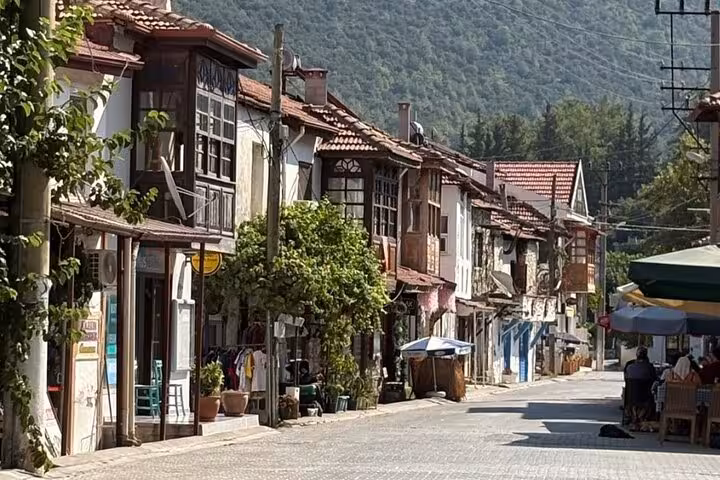 Charming street view in a Turkish village with traditional architecture and lush mountain backdrop, ideal for cultural tours.