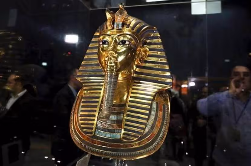 Tutankhamun golden funerary mask at Egyptian Museum Cairo on a private guided tour of pharaoh treasures