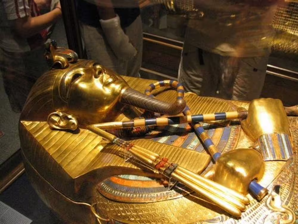Golden Tutankhamun mask display at the Egyptian Museum, Cairo day trip with flights from Sharm El Sheikh