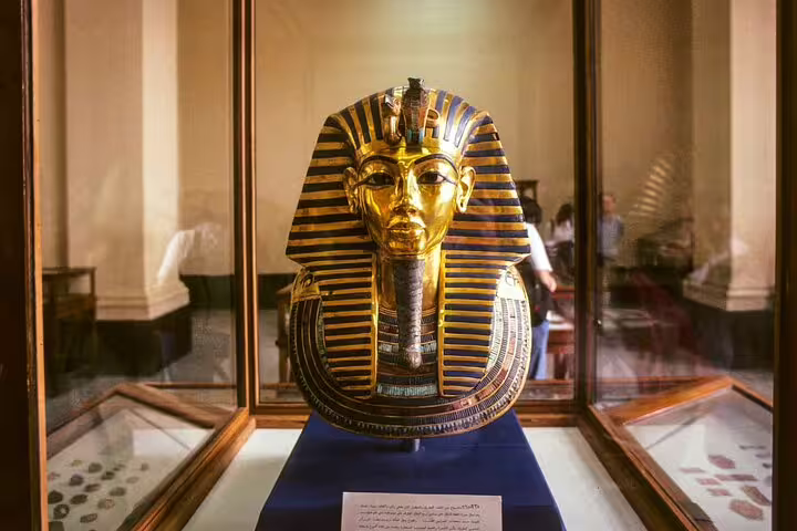 Tutankhamun golden funerary mask at the Egyptian Museum Cairo, included in a private minivan day trip