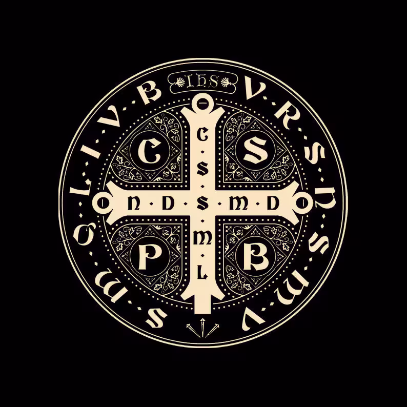 Intricate circular design featuring religious symbols for Va de Retro exorcism tour in Barcelona.