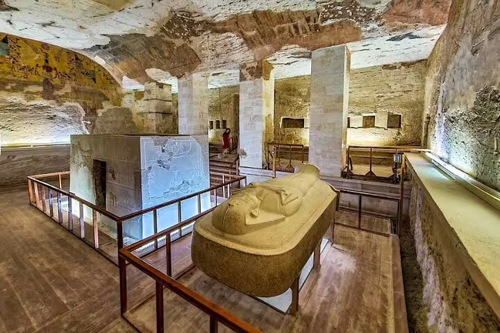 Ancient tomb chamber with sarcophagus in the Valley of the Kings, Luxor bus tour from Hurghada