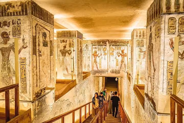 Tomb corridor in Valley of the Kings with vivid wall paintings, Luxor private tour from Marsa Alam Egypt