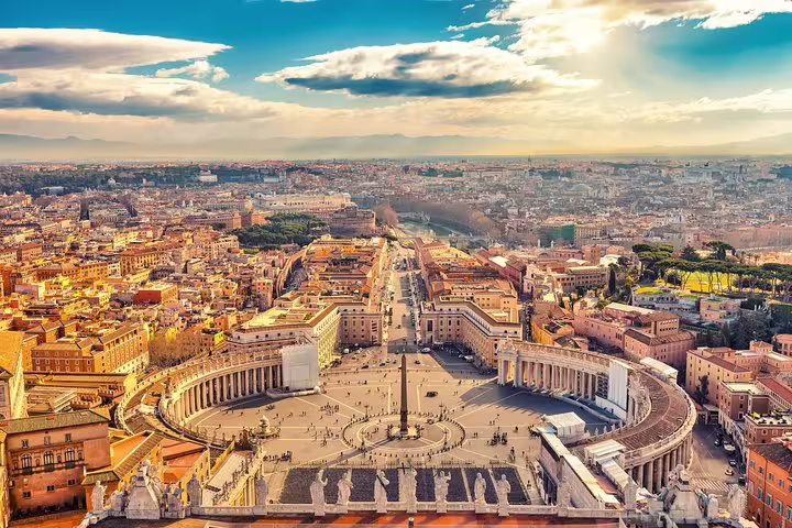 Panoramic aerial view of St Peter’s Square and Vatican Museums fast track entrance tour in Rome at golden sunset