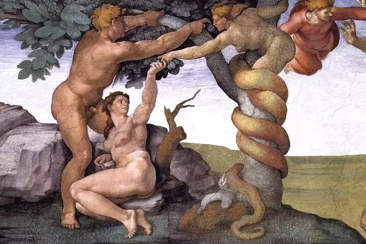 Biblical fresco of Adam and Eve in the Sistine Chapel, highlighted on an exclusive Vatican Museums private family tour